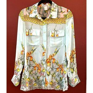 Alberto Makali Women's Blue Floral Sheer Button Down Blouse Size Medium Garden